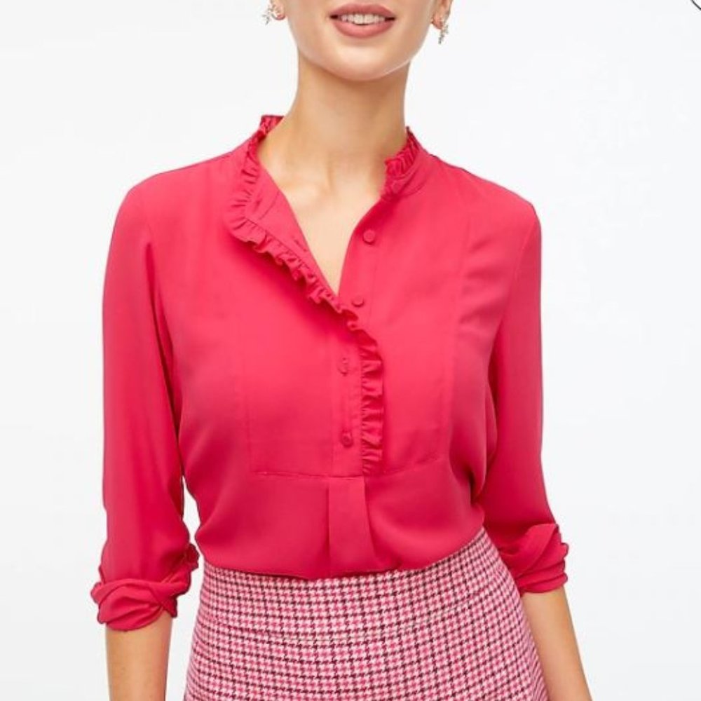 J. Crew Factory, Long-sleeve top with ruffles, BOLD HIBISCUS, Size 6